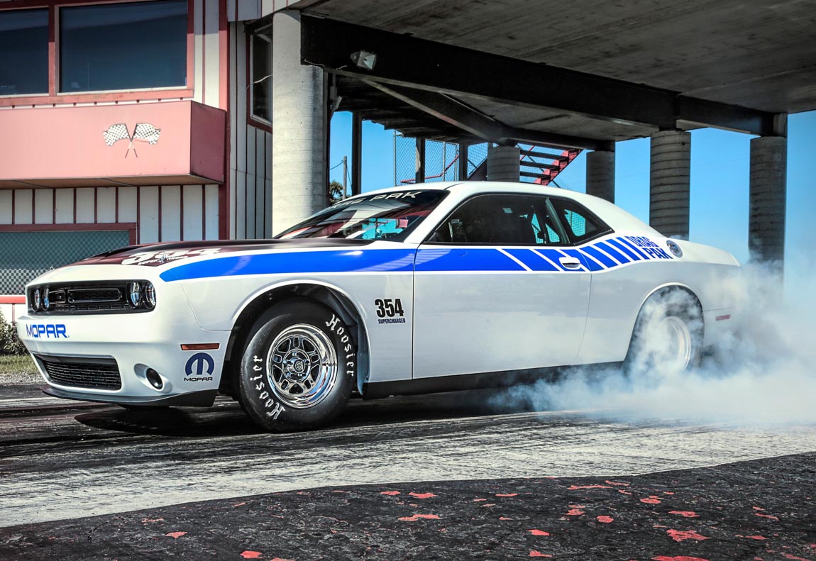 Remaining true to its performance roots, the Mopar brand unveiled the next-generation Mopar Dodge Challenger Drag Pak, a factory-prepped package car specifically geared for drag racing. The vehicle is built on the Dodge Challenger platform and comes in two options. The vehicle pictured is the version with the brand’s first ever offering of a supercharged 354 cubic inch Gen III HEMI® engine.