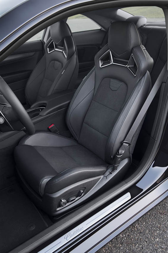 The RECARO front seats in the 2017 Cadillac ATS Coupe. The Carbon Black sport package for 2017 includes the first-ever Black Chrome grille for V-Series models and the first-ever RECARO front seats for Cadillac ATS Sedan and Coupe models among additional exterior and interior appointments.